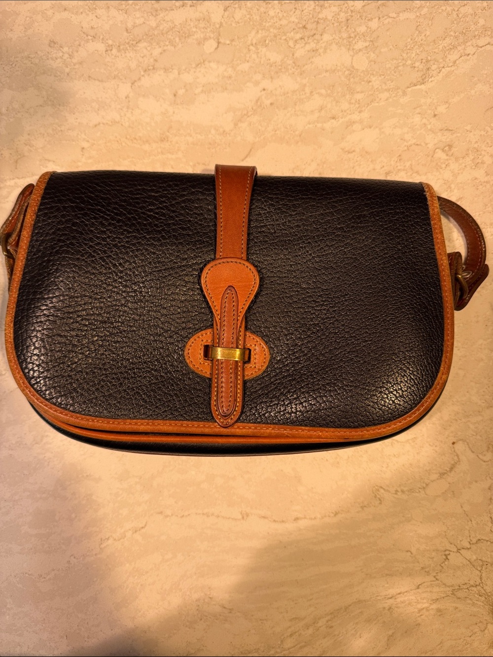Vintage Dooney & Bourke All-Weather Pebbled Leather Equestrian Bag with Tan Trim